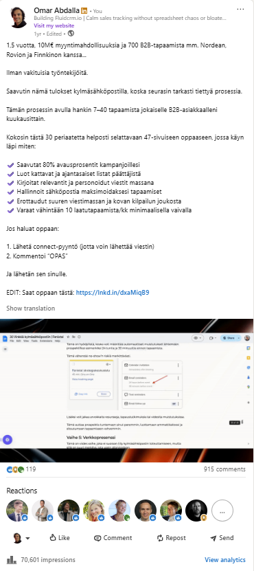 Omar Abdalla's LinkedIn lead magnet post that generated 70,610 impressions and 915 comments