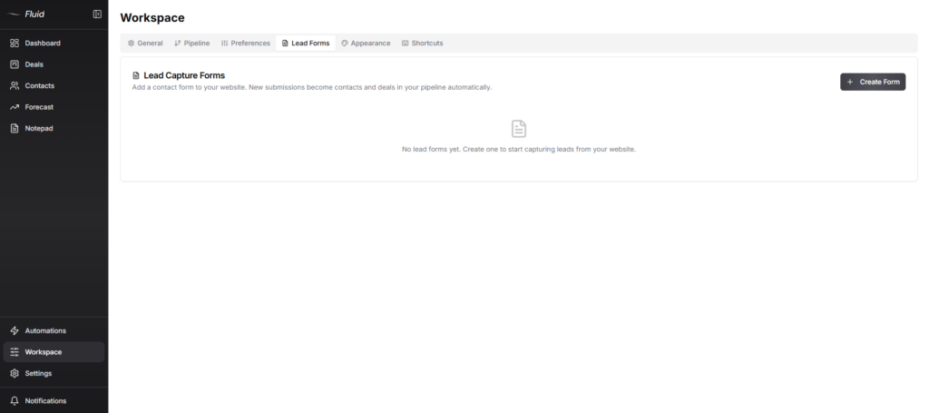 Fluid CRM lead capture form location inside app
