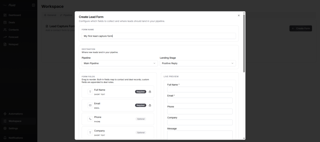 Fluid CRM lead capture form naming field