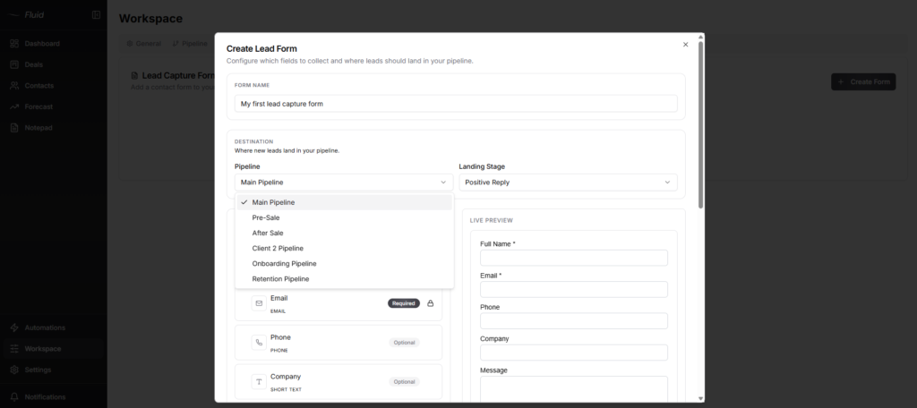 Fluid CRM lead capture form pipeline and stage selectors
