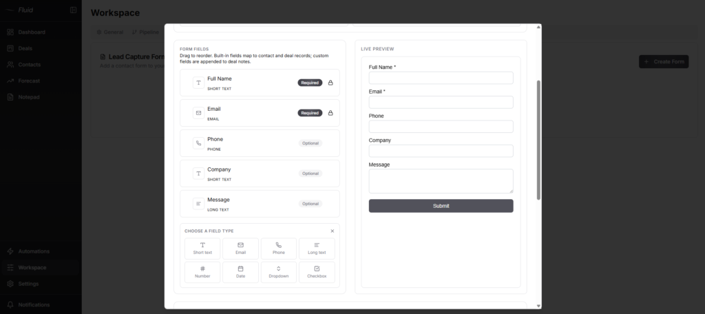 Fluid CRM lead capture form default fields and custom fields