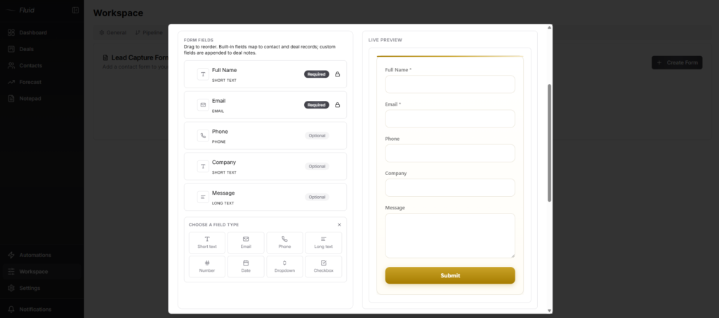 Fluid CRM lead capture form styling options including custom CSS