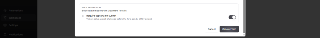 Fluid CRM lead capture form cloudflare turnstile captcha toggle