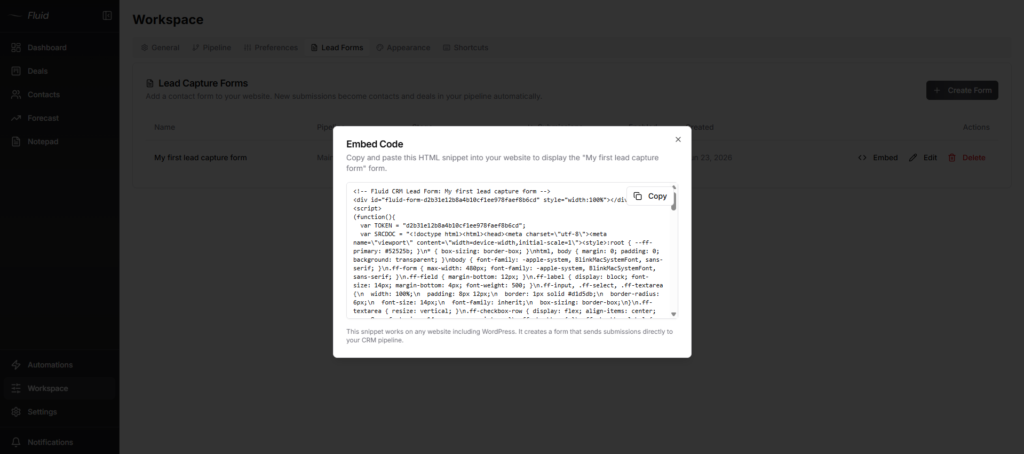 Fluid CRM lead capture form embed code