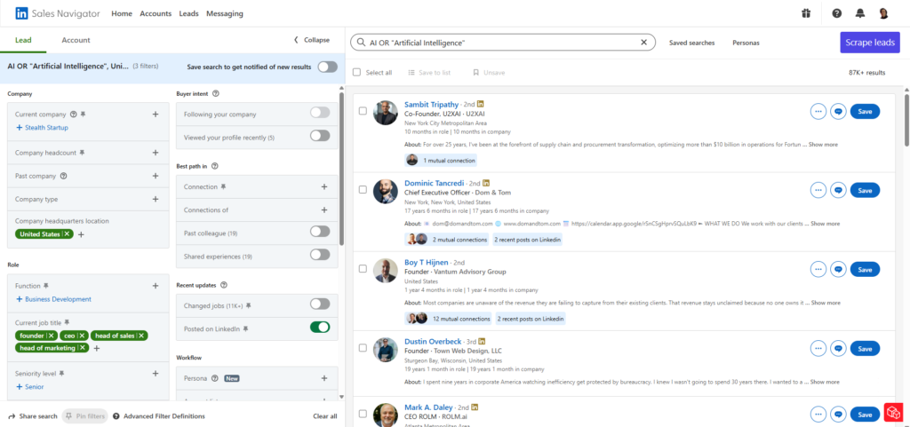 Sales Navigator filtering options