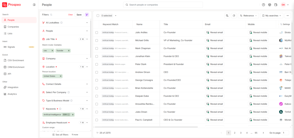 Prospeo filtering options