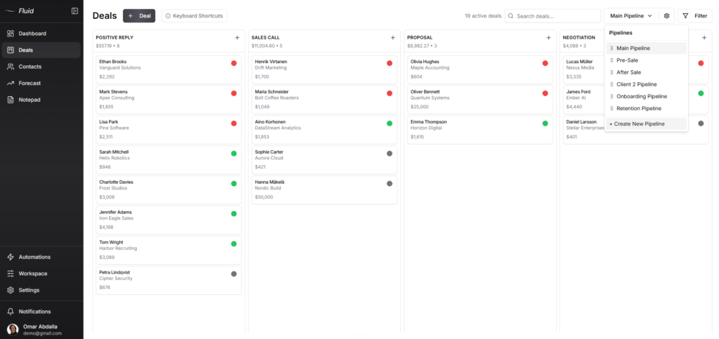 Fluid CRM pipeline selector