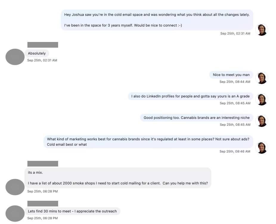 Omar Abdalla's LinkedIn outreach conversation with Joshua that resulted in a meeting