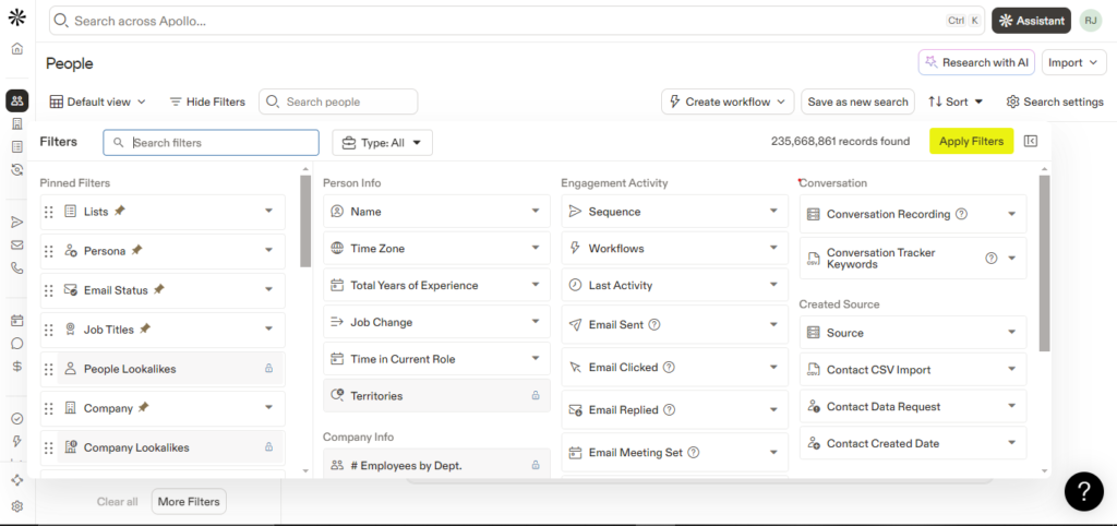 Apollo filtering options