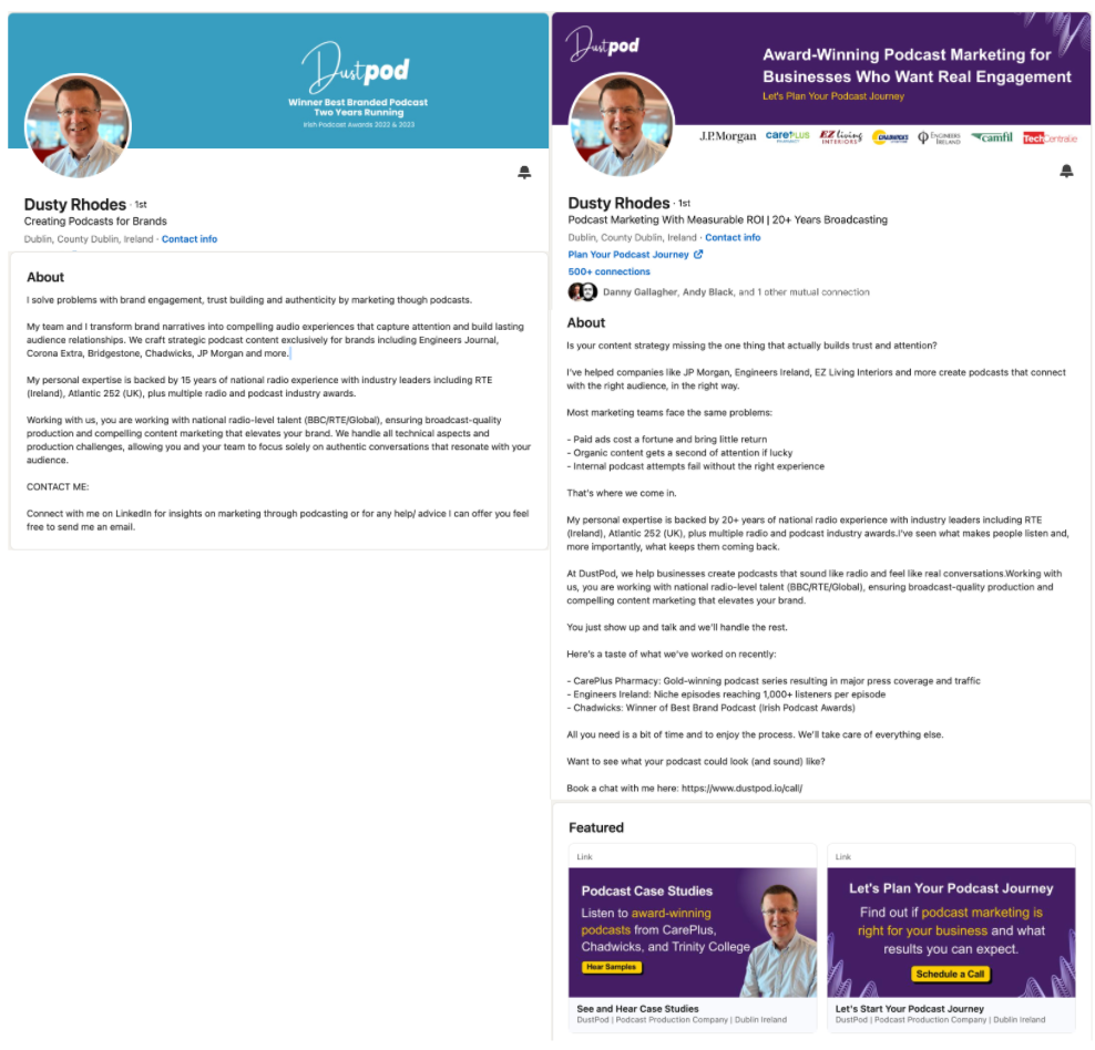 Dusty Rhodes before/after LinkedIn profile