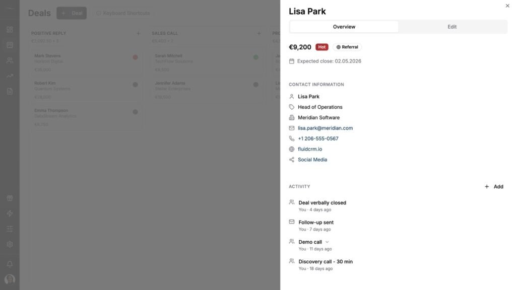 Fluid CRM deal detail view showing contact information and full activity history.