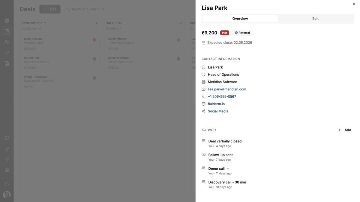 A Fluid CRM deal panel showing the contact name, job title, company, email and phone, with an activity log below