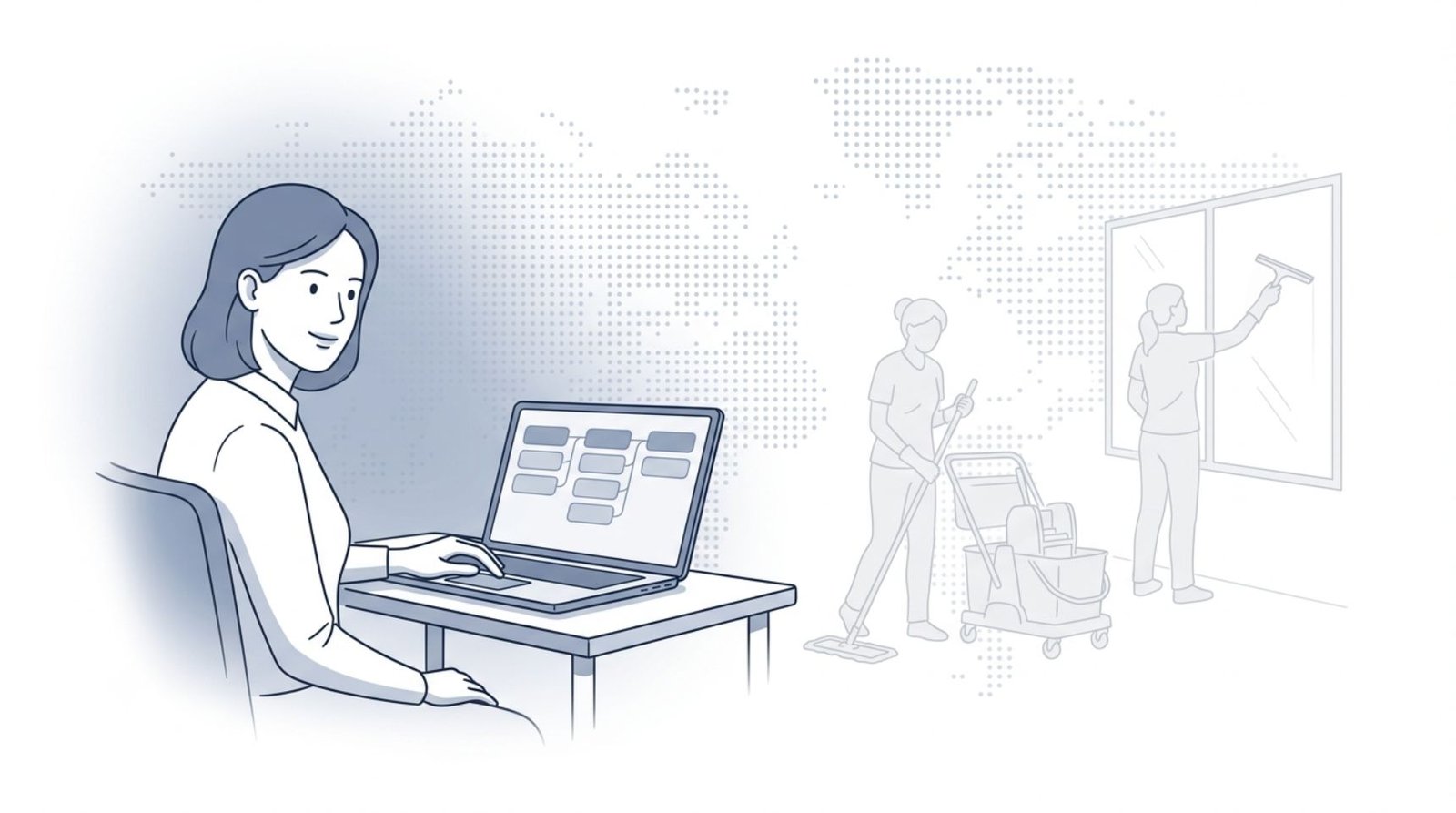 Fluid CRM editorial illustration of a cleaning business owner tracking leads on the best CRM for cleaning businesses