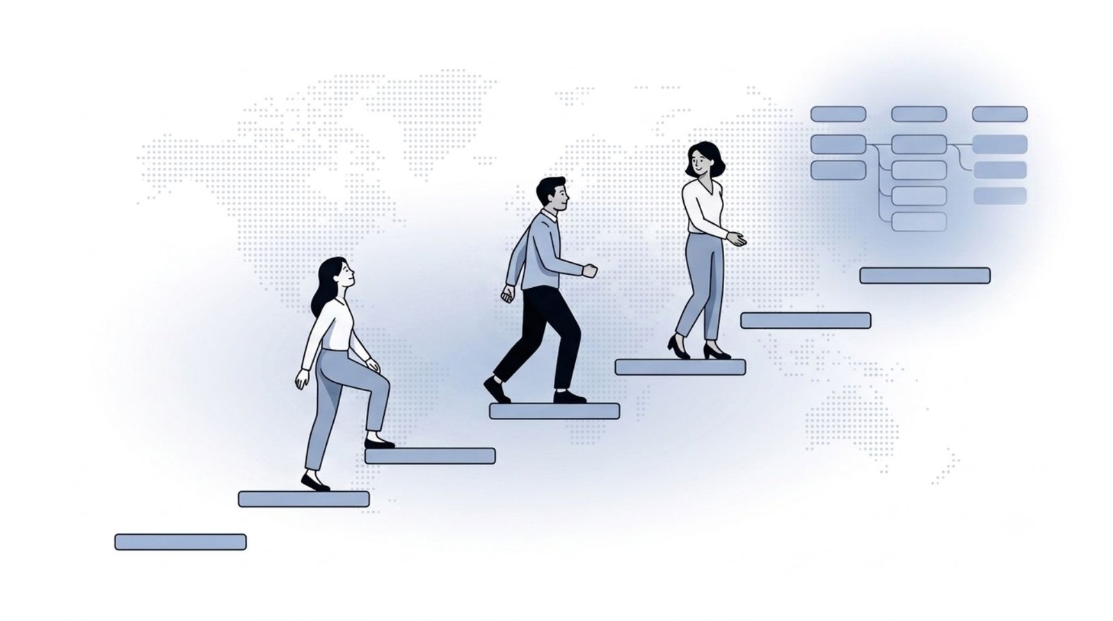 Fluid CRM editorial illustration of a small team climbing 7 steps on how to choose a CRM for small teams
