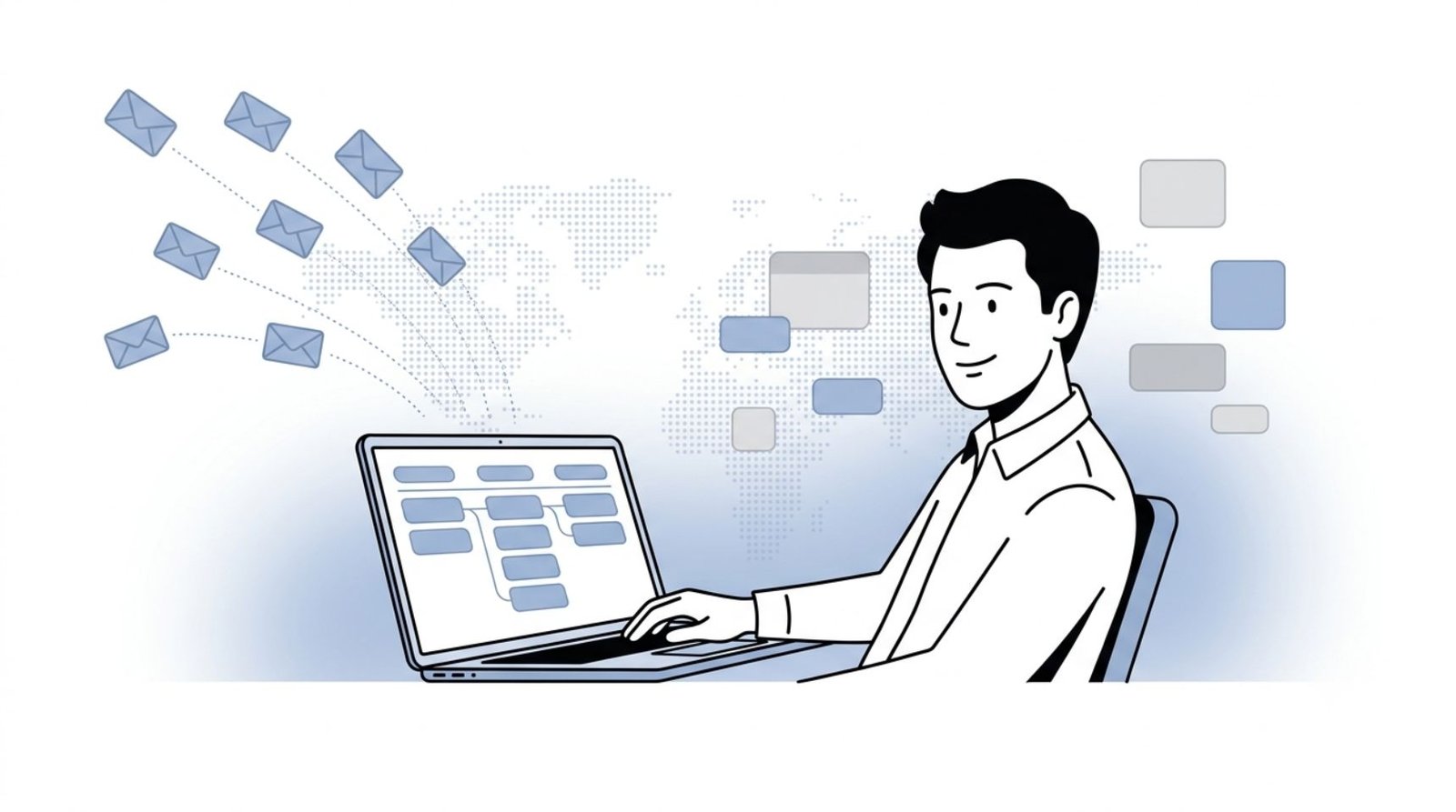 Fluid CRM editorial illustration of a cold emailer managing replies with the best cold email software stack
