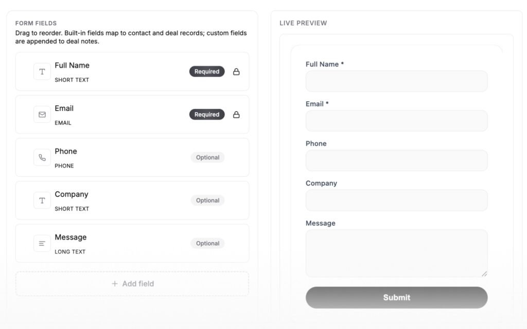 Fluid CRM lead capture form builder with custom fields and a live preview
