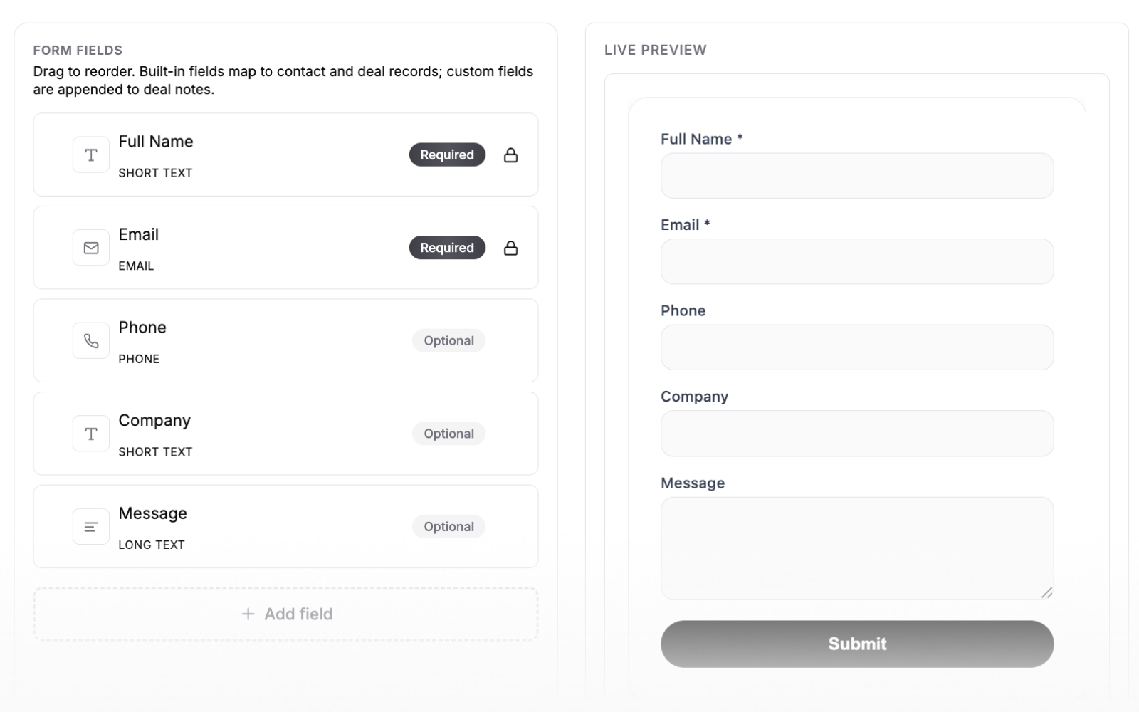 Fluid CRM form builder with name, email, phone, company and message fields next to a live preview