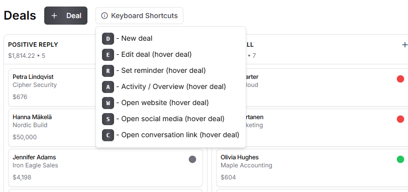 Fluid CRM deals board with the keyboard shortcuts panel open