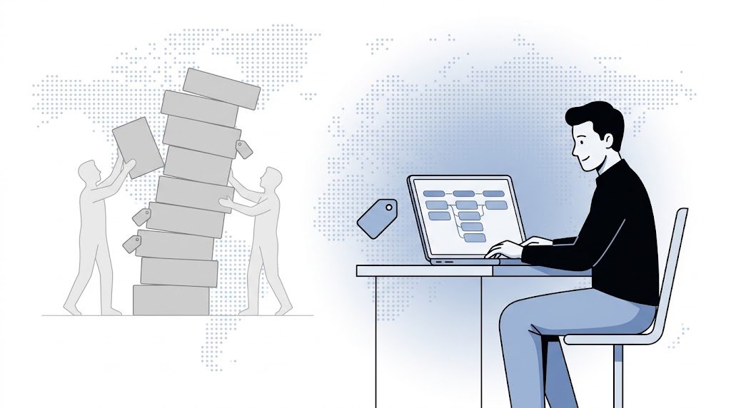 Fluid CRM editorial illustration of a founder choosing an affordable CRM while a tower of hidden fees leans behind him
