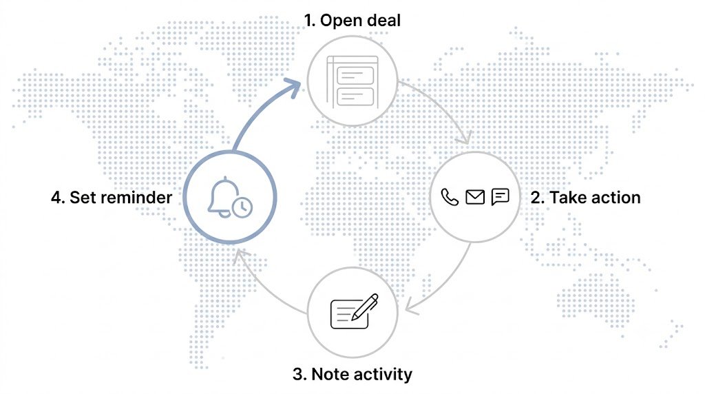 Four step daily CRM loop for independent sales reps: open deal, take action, note activity, set reminder