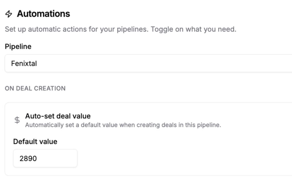 Fluid CRM automations panel showing per-pipeline automation settings