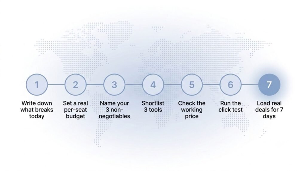 Seven-step CRM selection process shown as a numbered timeline, from writing down what breaks today to loading real deals for 7 days