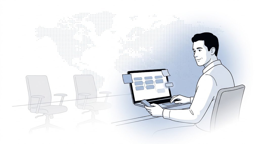 Fluid CRM editorial illustration of a solo rep working his pipeline alone on the best CRM for independent sales reps