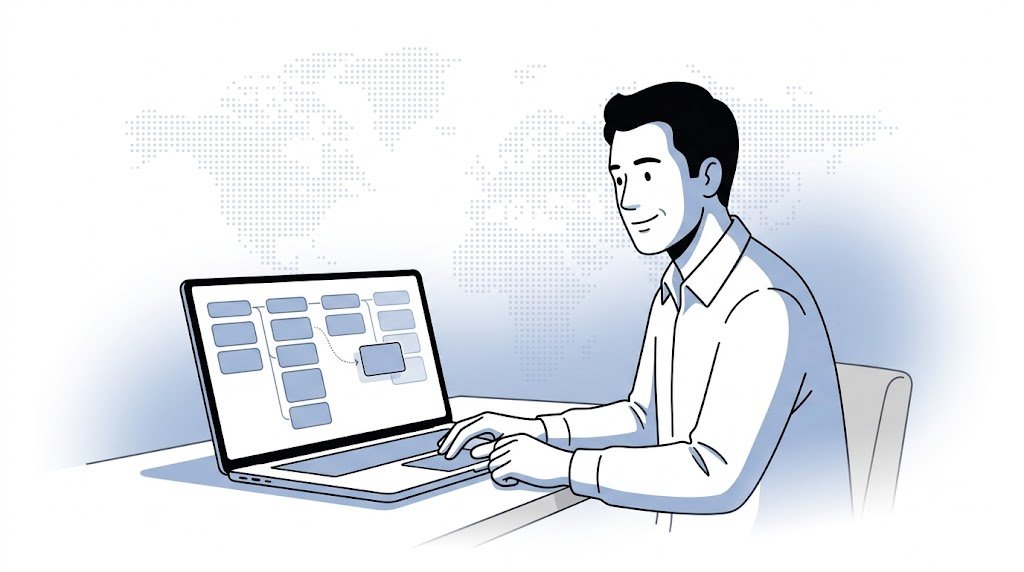 Fluid CRM editorial illustration of a founder dragging a kanban card on the best Trello CRM alternative