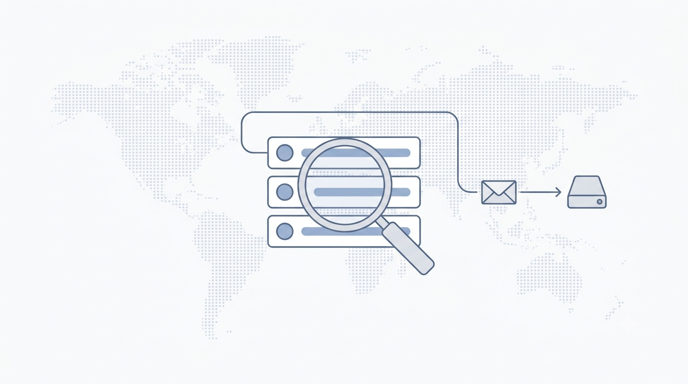 Illustration of an MX record lookup showing mail routing from a domain to its email provider