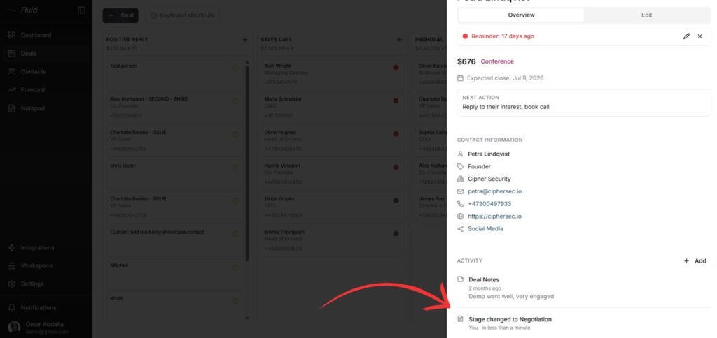Fluid CRM deal activity log showing the logged stage-change entries, with the most recent one dated right now