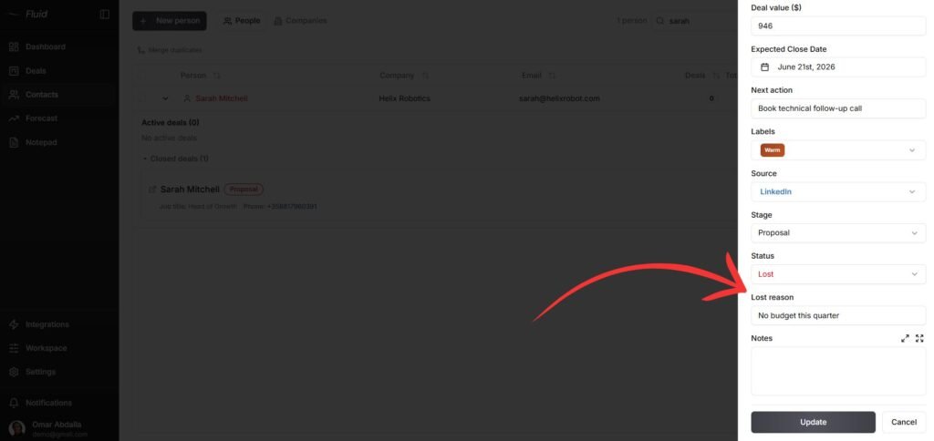 Fluid CRM lost reason custom  field filled into a lost deal card