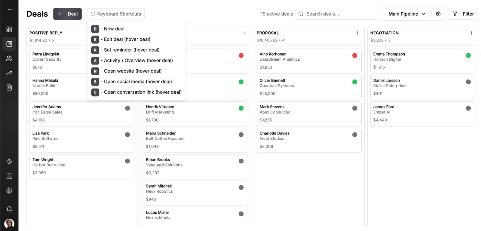 Fluid CRM pipeline with a Positive reply stage, reminder dots on each deal and the keyboard shortcuts menu