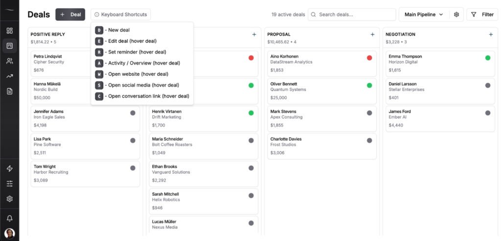 fluid crm visual pipeline with keyboard shortcuts and follow-up reminders