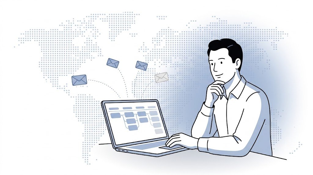 Fluid CRM editorial illustration of a sales rep deciding how many cold email follow-ups to send