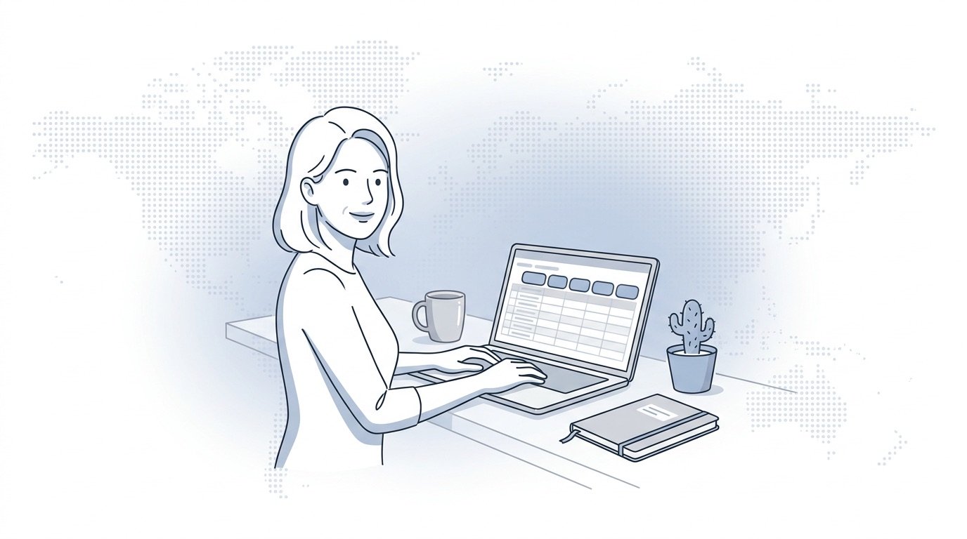 Fluid CRM editorial illustration of a woman building a sales tracking spreadsheet on her laptop