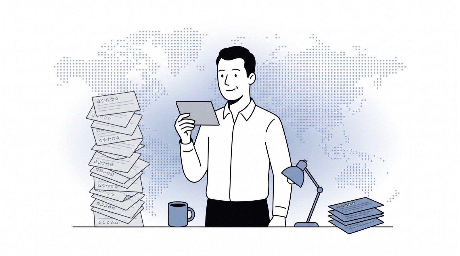 Fluid CRM editorial illustration of a man comparing a tall stack of negative CRM reviews to a small one