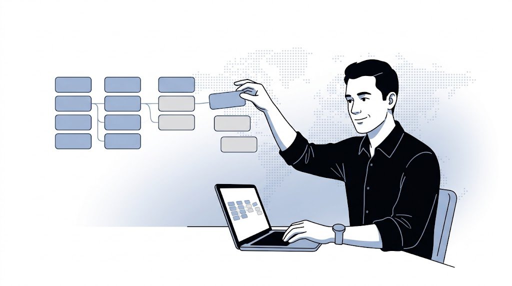 Fluid CRM editorial illustration of a founder building a pipeline by hand using Notion as a CRM