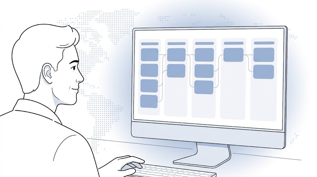 Fluid CRM editorial illustration of a person reviewing sales pipeline stages on a screen