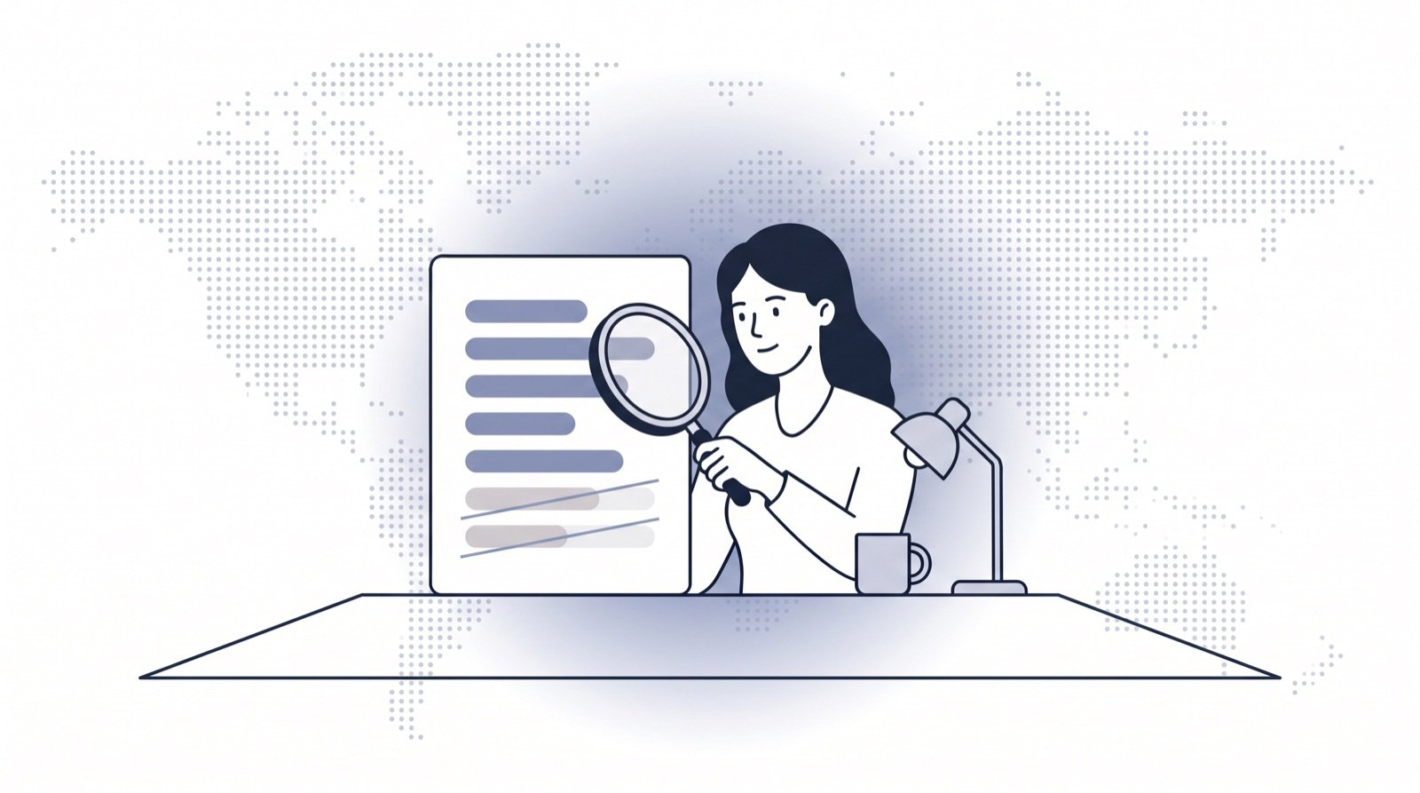 Fluid CRM editorial illustration of a woman verifying sales statistics with a magnifying glass