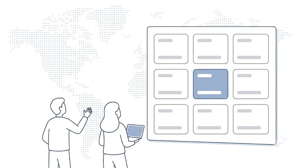 Illustration of a startup team comparing nine CRM options on a board