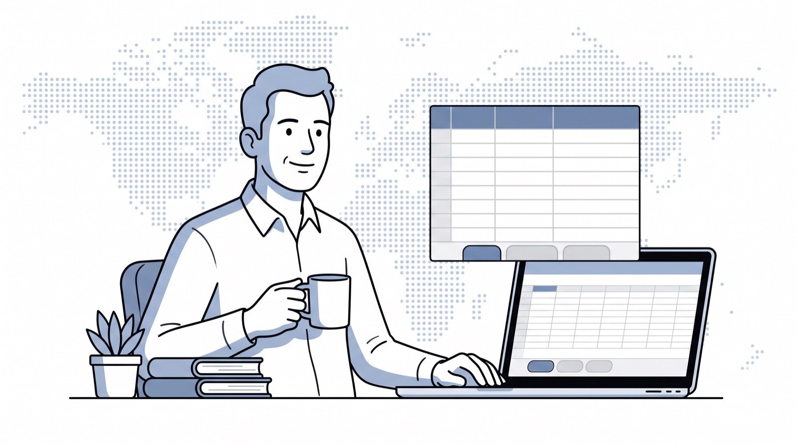 Fluid CRM editorial illustration of a man building a CRM Excel template with four workbook sheets