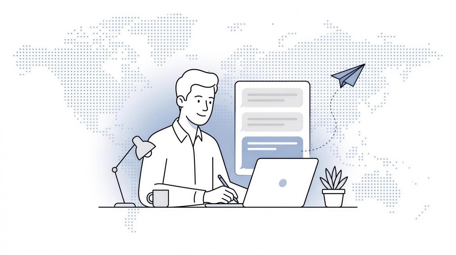 Fluid CRM editorial illustration of a man sending a follow-up email after no response from his laptop