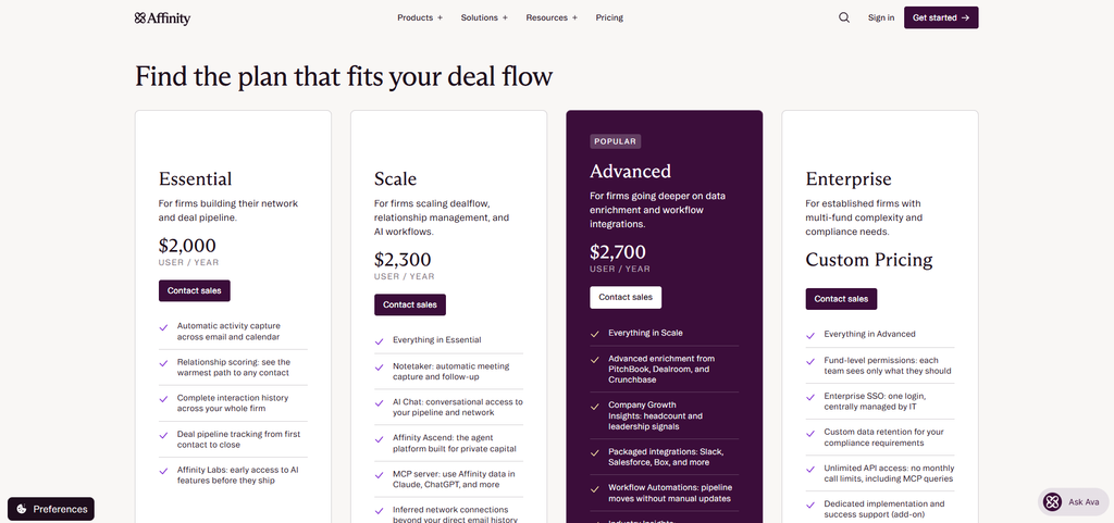 Affinity CRM pricing page