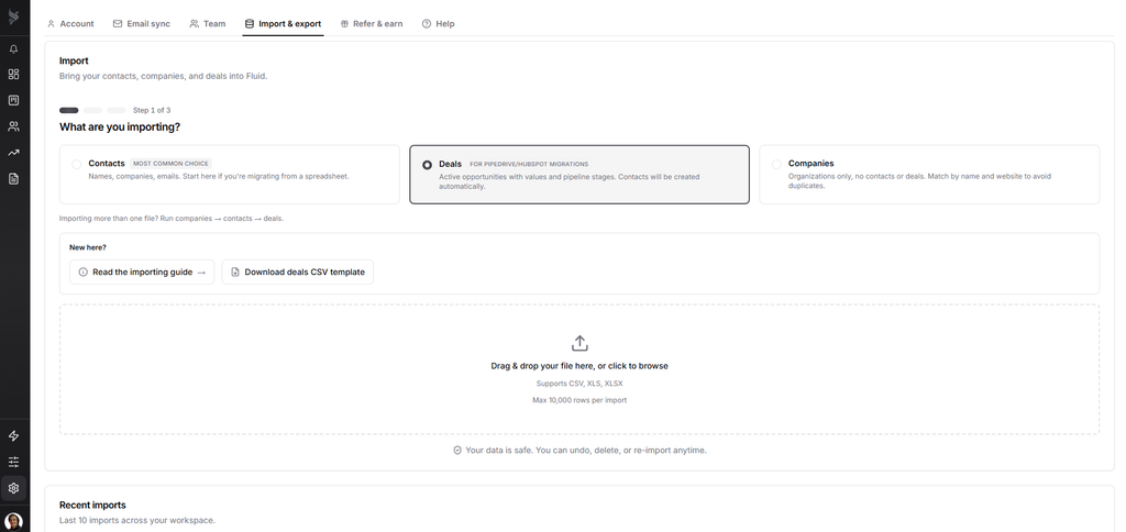 Fluid CRM import flow