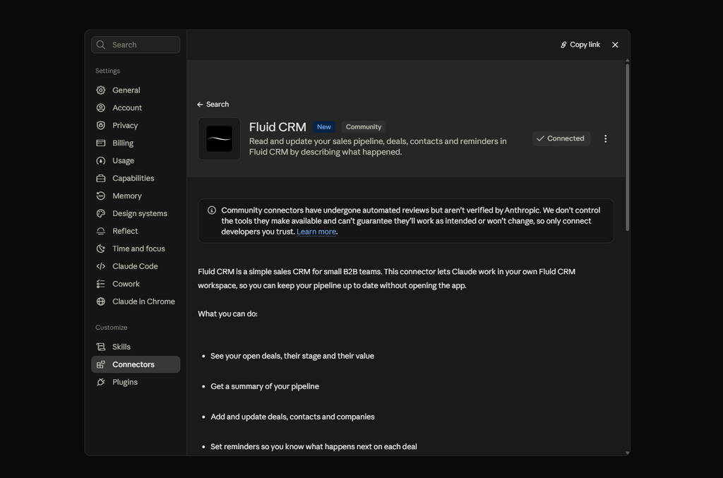 Fluid CRM connector listing in Claude's connector directory