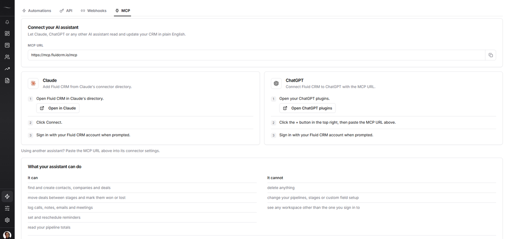 Fluid CRM MCP setup inside Fluid CRM > Integrations > MCP