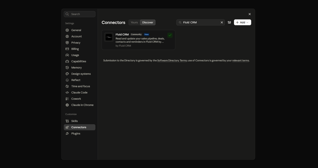 Fluid CRM connector in Claude connectors directory