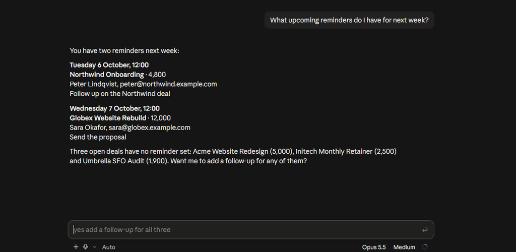 Fluid CRM connector response inside Claude