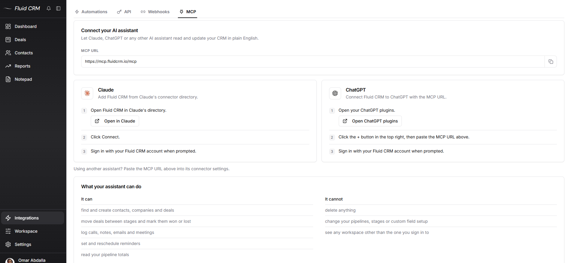 Fluid CRM Integrations MCP tab listing what a connected AI assistant can and cannot do