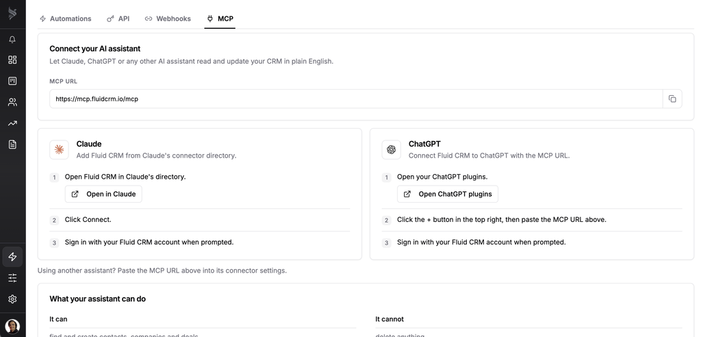 Fluid CRM MCP setup page